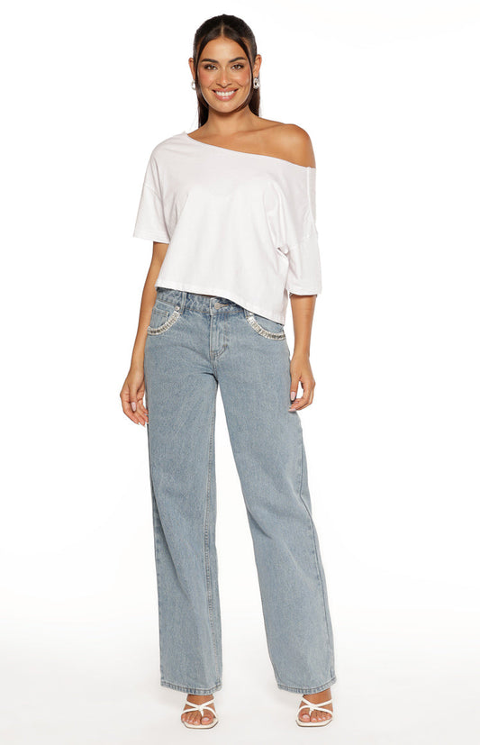 Kavira Light Wash Denim Diamante Trim Low Rise Jeans