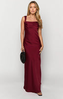 wine coloured satin formal maxi dress with open back design