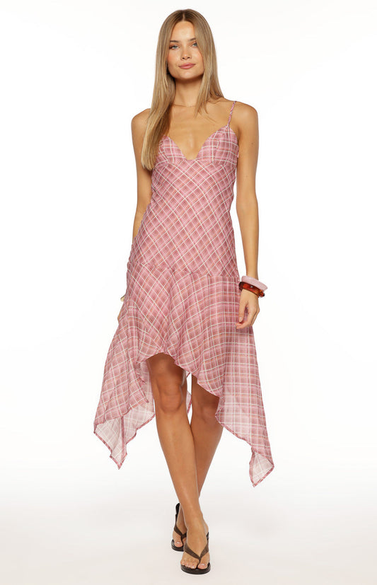Milla Pink Plaid Hanky Hem Midi Dress