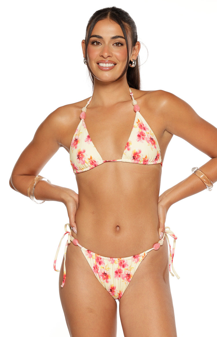Palmera Yellow and Pink Floral Print Beaded Triangle Bikini Top Image
