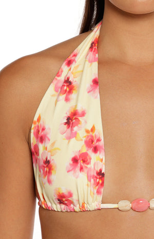 Sunbeam Yellow and Pink Floral Print Halter Bikini Top
