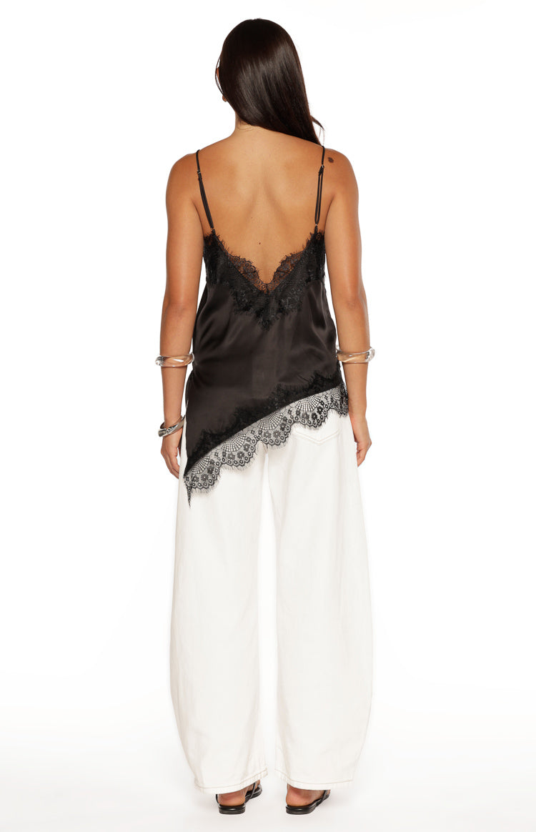 Ziva Black Satin Lace Trim Asymmetrical Top Image